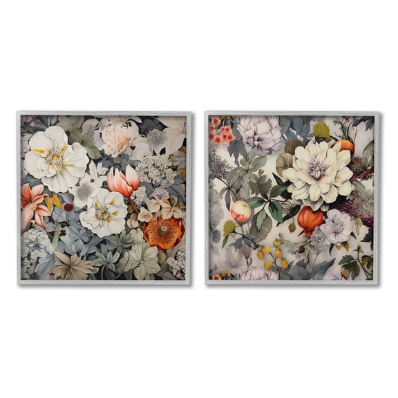 Stupell Industries Vintage Blooms Arrangement Botanical & Floral Painting Gray Framed Art Print Wall Art, 12 x 12, Set of 2