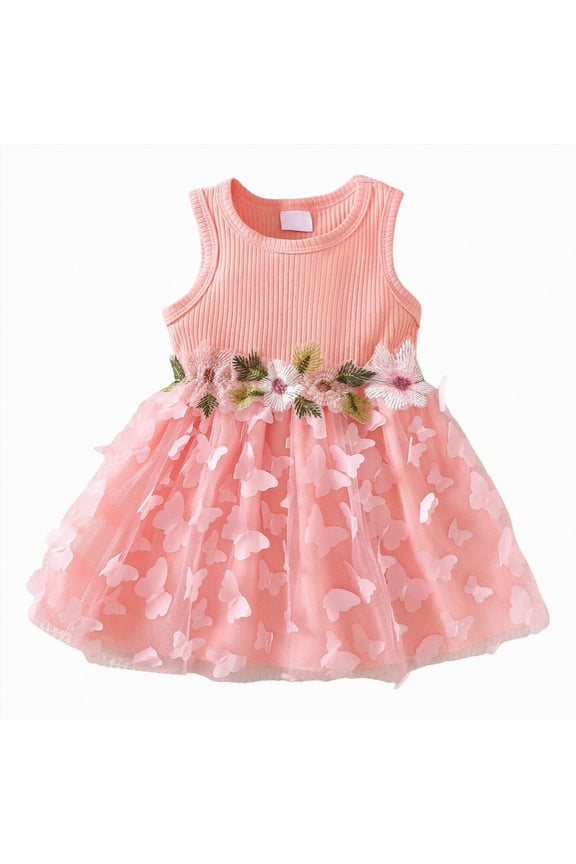 Baby Toddler Girl Ruffled Tutu Dress Kid Sleeveless Ribbed Tulle Dresses Knit Tops Birthday Princess Outfits Size 2-3 Years Pink
