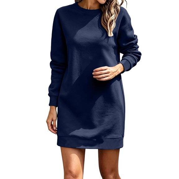 Squevariel Long Sleeve Sweatshirt Dress for Women Crew Neck Solid Color Casual Dress Mini Dress