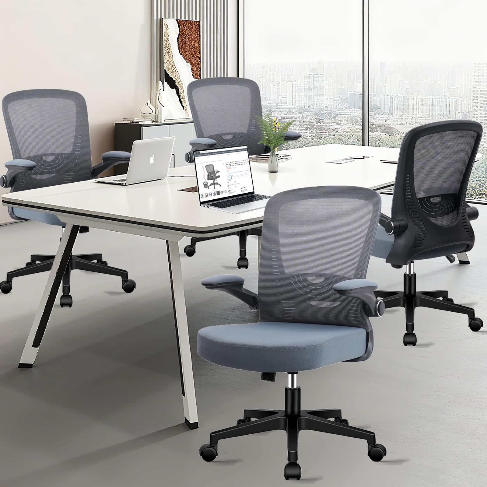 CLATINA Desk Chairs with Wheels, Ergonomic Rolling Mesh Office Chair Adjustable Height and Lumbar Support Home Office Computer Chair with Flip Up Armrests, Grey