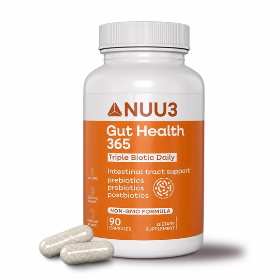 NUU3 Gut Health 365 - Prebiotic, Probiotic & Postbiotic Gut Support, 60ct