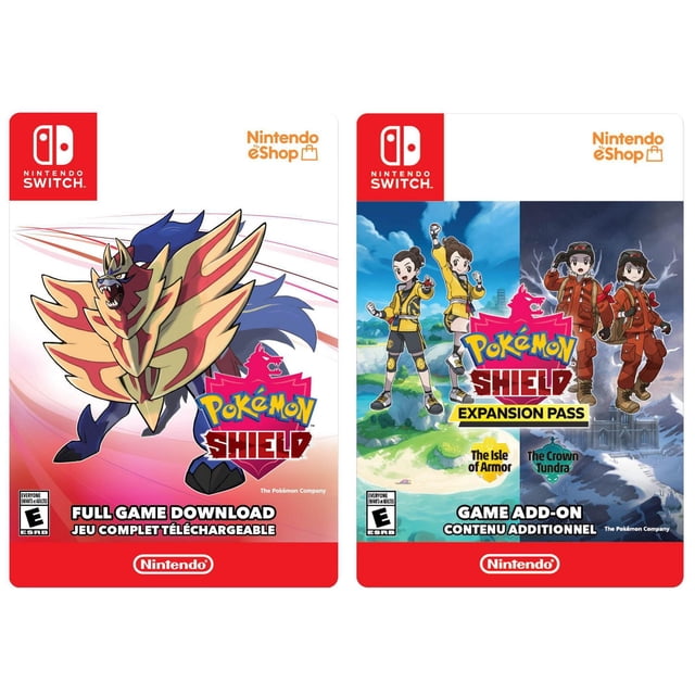 Switch Pokemon Shield Jeu + Ensemble de Cartes d'Extension Pokemon Shield Mettant en Vedette le Légendaire Pokemon Zacian sur la Couverture de Jeu Principale et des Dresseurs en Armure Jaune sur la Couverture de Carte d'Extension, Représentant les Régions de l'Île d'Armure et de la Toundra à Couronne, avec Image de Marque Nintendo Switch et Nintendo eShop.