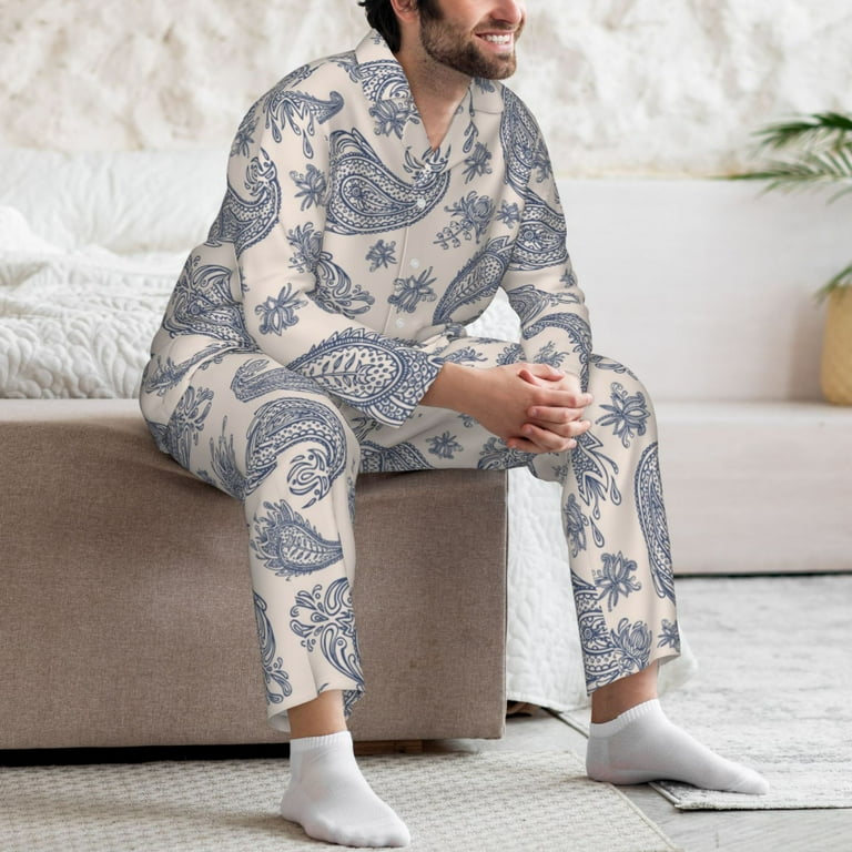 Mens Pajamas Set Gray Paisley Soft Comfy Long Sleeve Button Up