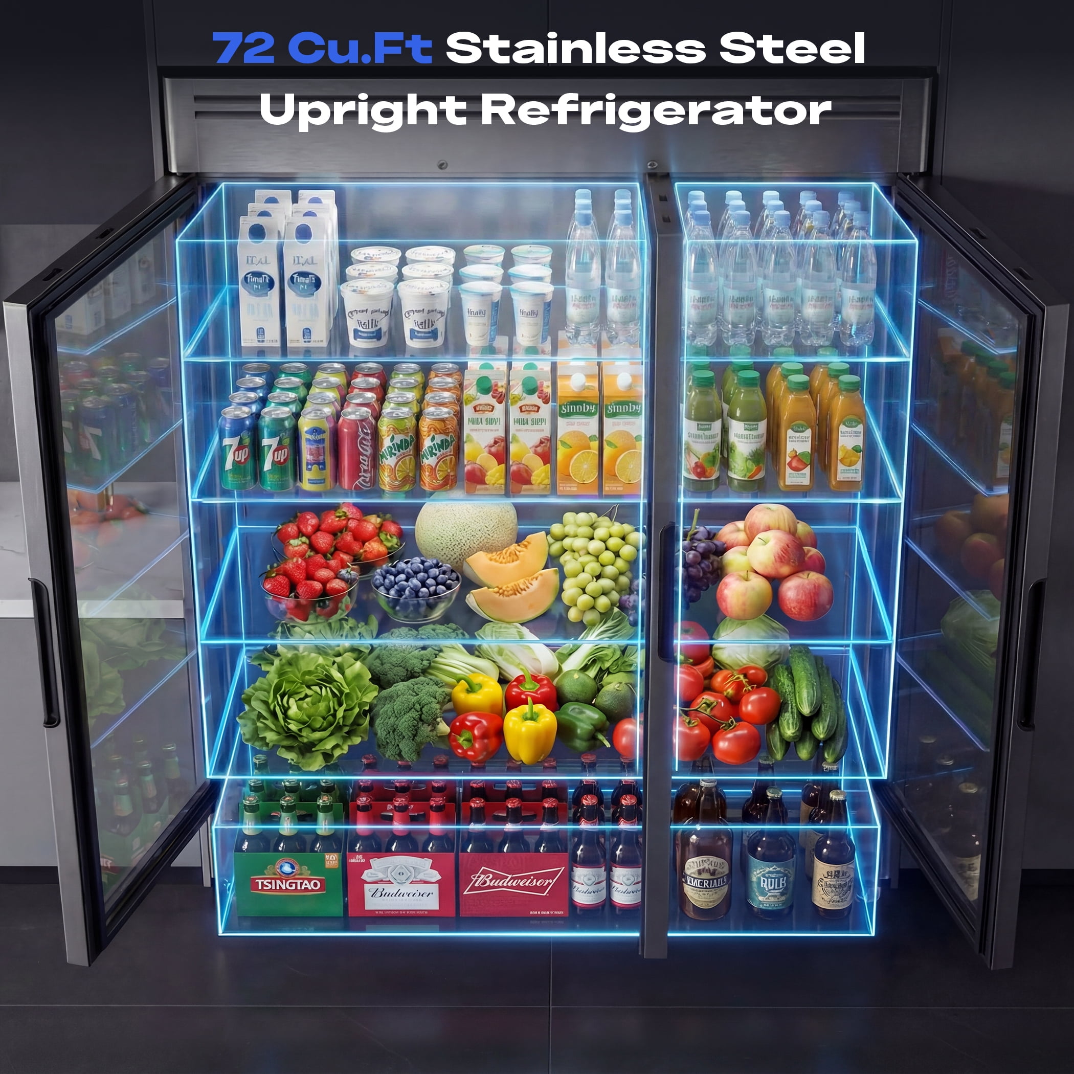 Coolake 82" Commercial Refrigerator 3 Glass Door, 72 Cu.ft Stainless Steel Upright Merchandiser Cooler, 33℉~41℉