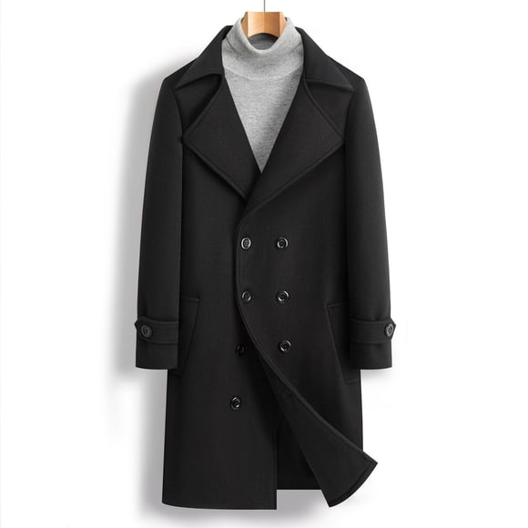 NTACZA Black Mens Jacket Wool Notched Lapel Trench Coat Double-Breasted Mid-Length Peacoat Winter Coats for Men,M
