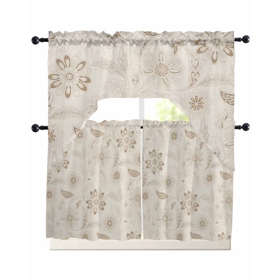 Brown Flowers Swag Kitchen Curtains Sets for Windows 24 Inch Length, Vintage Ethnic Tribal Floral Leaves Short Window Curtain Panels Swags Valances and Tiers 3 Piece Set for Cafe/Dining Room