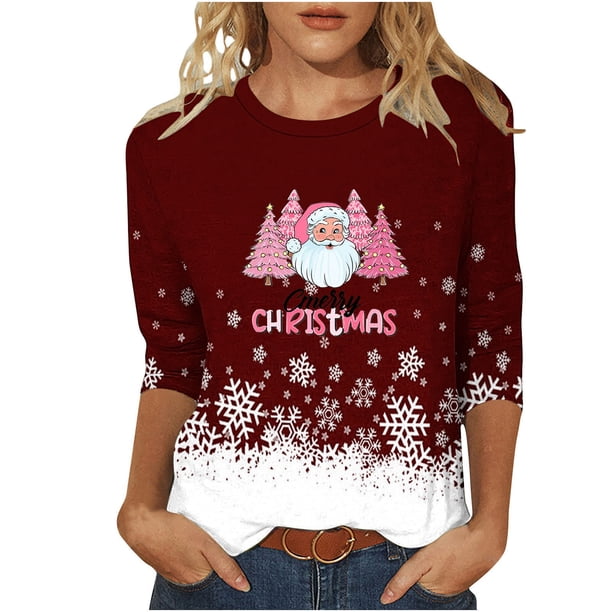 Camisetas de Navidad para Mujeres, 3/4 Manga Cuello Redondo Blusa con Estampado de Vacaciones, Top de Moda Casual