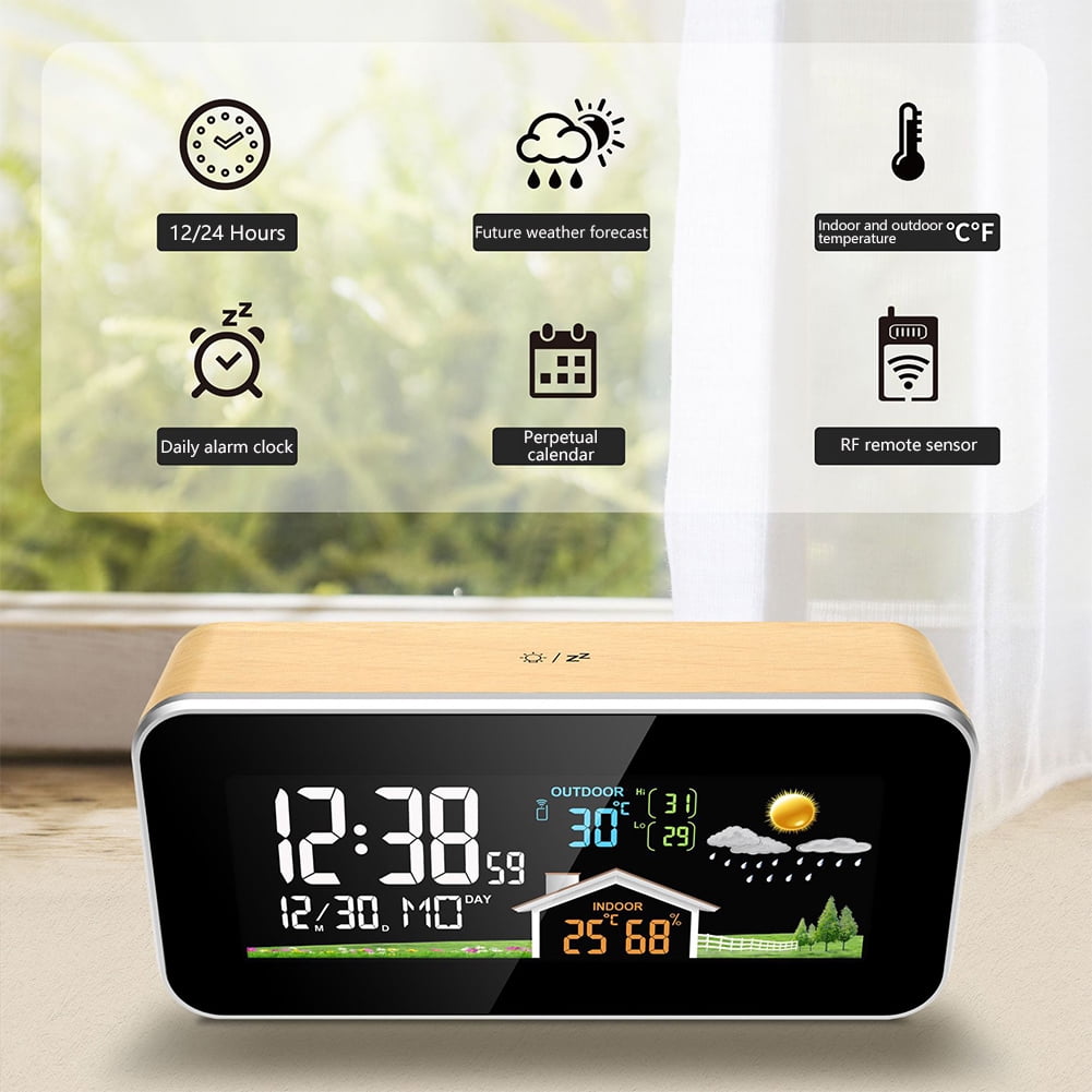 ITIGOITIE Solid Beech Wood Weather Station Alarm Clock with Wireless Outdoor Sensor, Temperature & Humidity Display, USB Powered