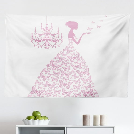 Love Tapestry, Romantic FairtyTale Lady Butterflies Cartoon with Antique Chandelier Graphic, Fabric Wall Hanging Decor for Bedroom Living Room Dorm, 2 Sizes, Purple and White, by Ambesonne