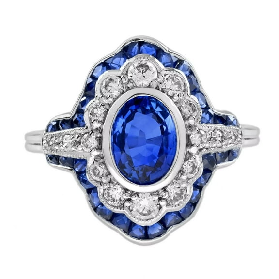Blue Sapphire Ring, Cluster Set Double Halo Diamond Engagement Ring, Round Sapphire Bezel Set Diamond Ring, September Birthstone Ring, 925 Sterling Silver, 2.4 Ct Simulated Sapphire