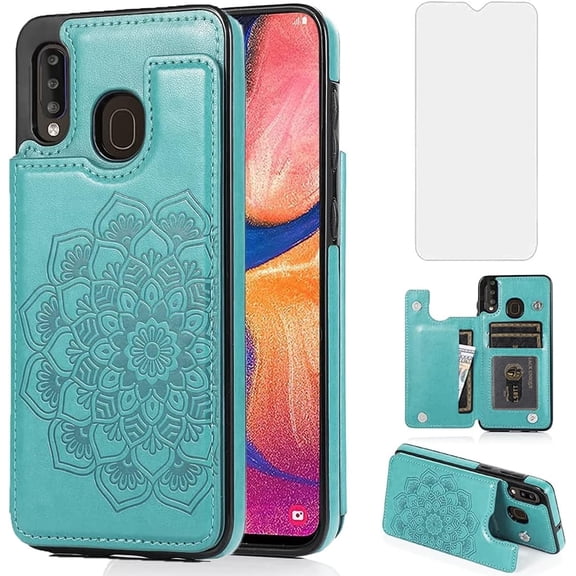 Design for Samsung Galaxy A20S Case with Tempered Glass Screen Protector Credit Card Holder Slot, Leather Wallet Phone Cases Kickstand Protective Cover for Galaxy A 20S A20 A207M Men Green