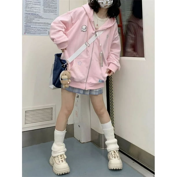 QWEEK-Sudadera con capucha y cremallera para mujer, suéter de lana de color rosa, estilo coreano, Y2K, japonés, Kawaii, Harajuku