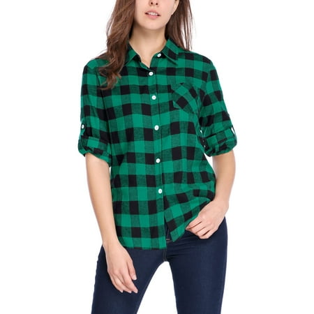 Unique Bargains Women's Button Closure Long Sleeve Check Boyfriend Shirt