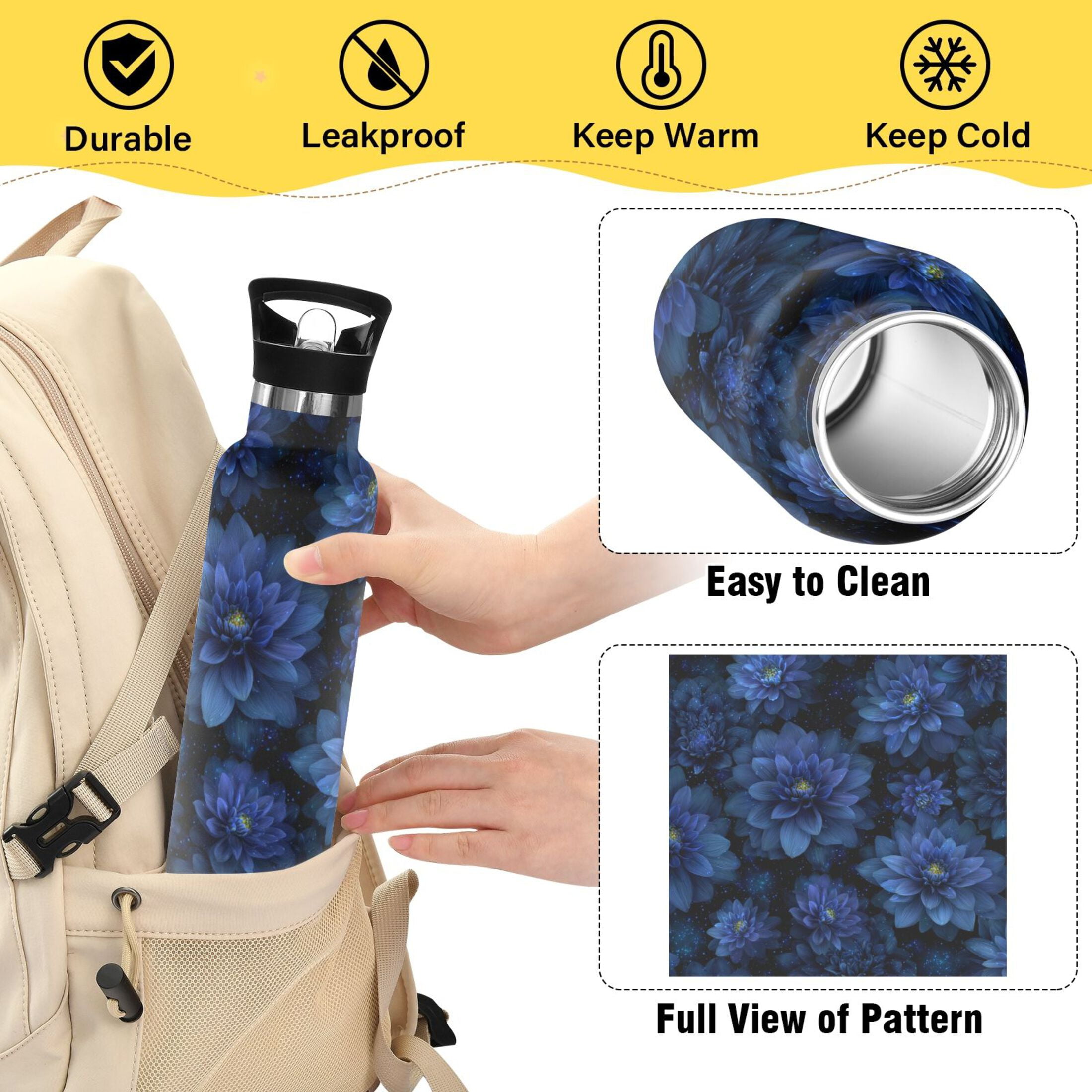 Kids Insulated Stainless Steel Sports Water Bottle 600ml (20oz) Deep Blue Flower