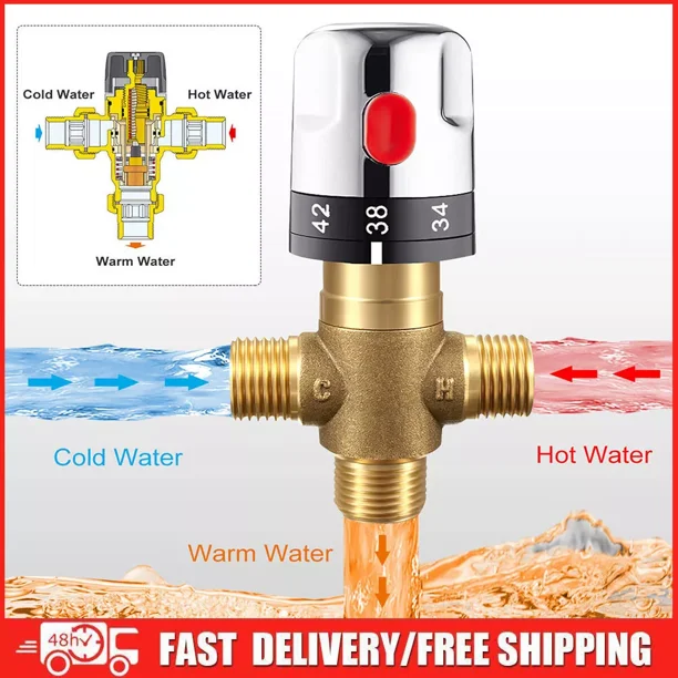 Válvula mezcladora termostática, latón macizo para temperaturas de agua constantes y seguras, instalación rápida y sencilla, ajustable según sus preferencias, con funciones de seguridad integradas