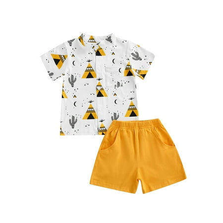 

Frobukio Kids Toddler Boys 2Pcs Clothes Outfits Cactus Pyramid Printed Short Sleeve Tops + Elastic Waist Shorts Set White 3-4 Years