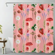HVEST Red Strawberry and Mushroom Shower Curtain for Bathroom Spring Floral and Green Leaf on Pink Bathroom Shower Curtains with Hooks, Farmhouse Country Plant Bathroom Curtains Shower Set 60x72 inch