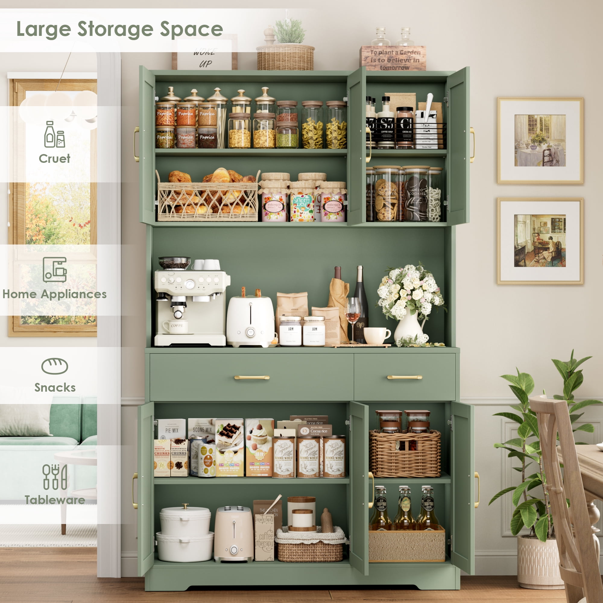 Homfa 71" Kitchen Pantry with Charging Station, Freestanding Cupboard with Adjustable Shelves, Floor Cabinet for Dining Room, Green