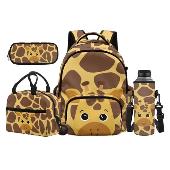 KUIFORTI Giraffe Cute Bookbag and Lunchbox Set 4 piece Durable Kids Backpack with Pencil Bags Water Bottle Sleeve for Elementary School Students Back to School Gifts