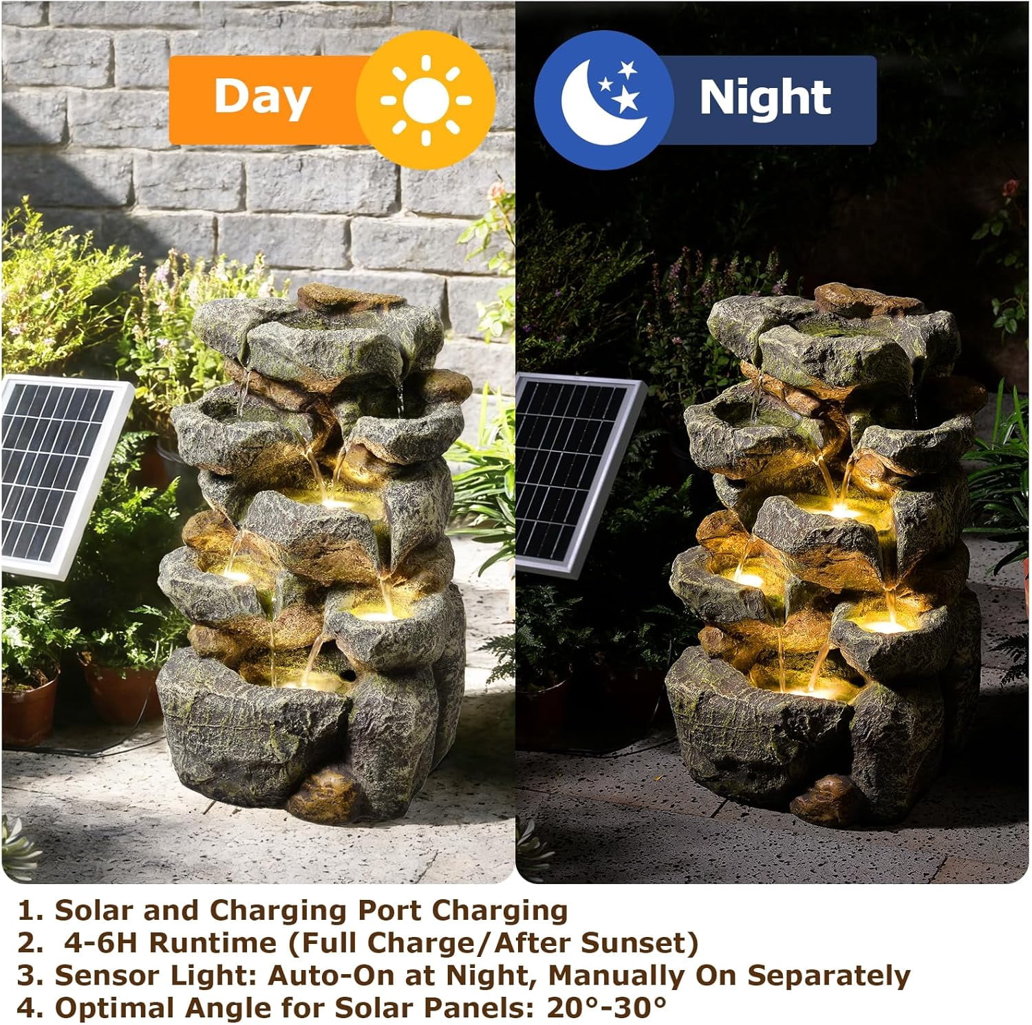 Solar Water Fountain Outdoor Garden,5 Tiered Cascading Rock Solar Powered Water Fountain Water Fall Fountains Outside with Lights for Backyard, Patio, Deck, Porch, 19.3" H x 12.2" L x 9.5" W