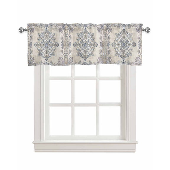Boho Floral Beige Linen Curtain Valance for Bedroom/Bathroom/Kitchen/Living/Dining Room Window,Multi Traditional Oriental Boho Tribal Ethnic Pocket Topper Drapes Decorative Cafe Drapery 54"x18"