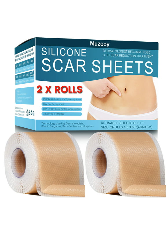 Muzooy 2 Rolls Silicone Scar Sheets, Medical Grade Silicone Scar Tape, Scar Removal Strips for Acne, Burn Scars C-Section, Keloid Surgery Scars Sheets