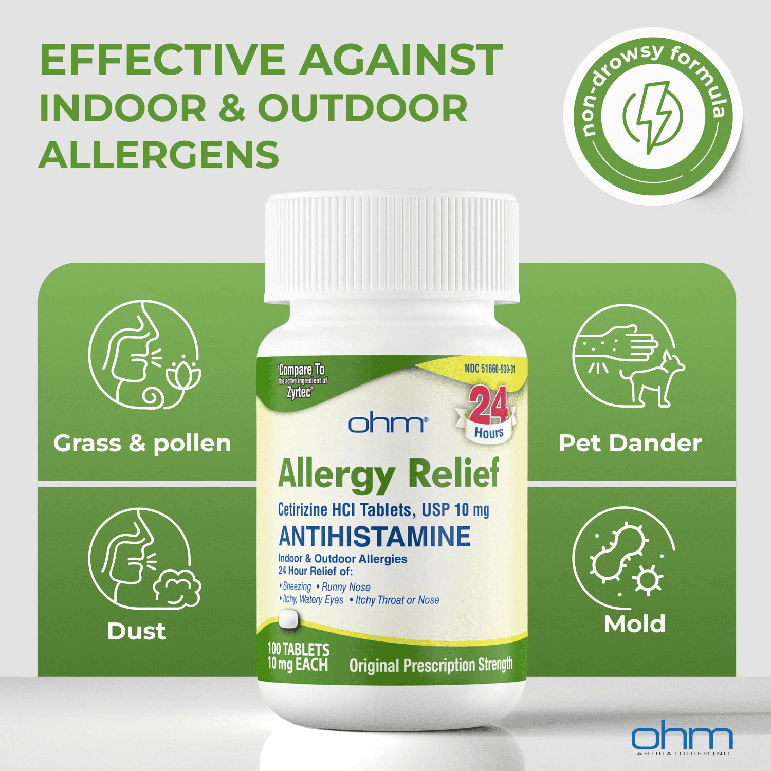 (3 pack) Ohm Cetirizine 10 mg, All Day Allergy Relief (100 Count) Antihistamine Tablets for Indoor & Outdoor Allergies, Hives, Hay Fever, Sneezing, Runny Nose, Itchy Nose or Throat, Dry Itchy Eyes