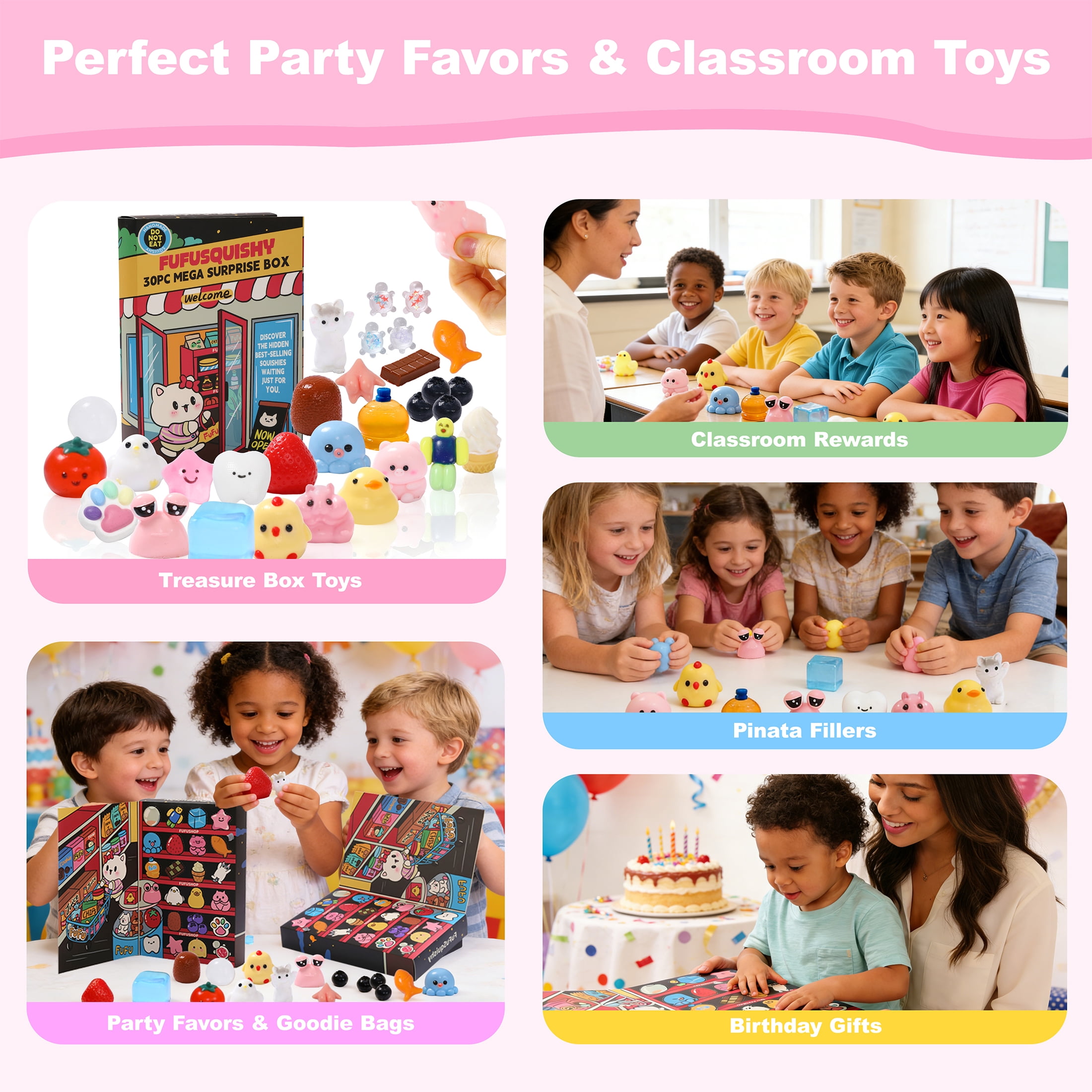 FUFUSQUISHY 30PCS Squishy Toys for Kids, Soft Taba Sensory Squeeze Toy Set, 24 Individually Wrapped Packs, Classroom Prizes and Party Favors