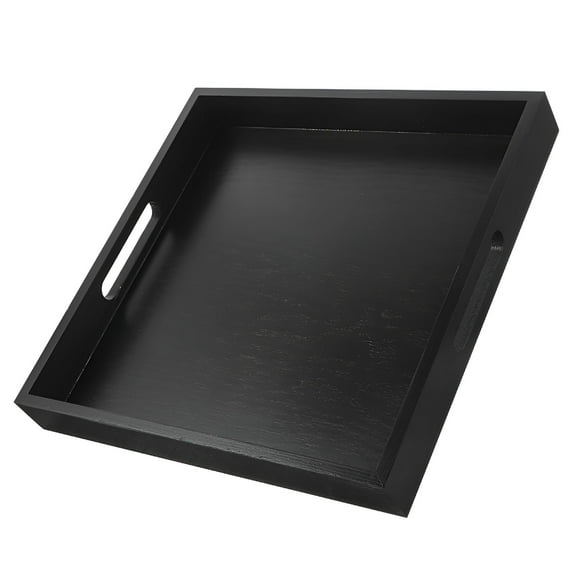 LAMIRO Black Sturdy Wooden Serving Tray Snack Serving Plate Square Wood Storage Tray With Handle
