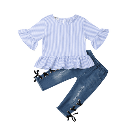

Toddler Kid Baby Girl Ruffle Stripe Tops Blouse Denim Pants Jeans Outfit Clothes