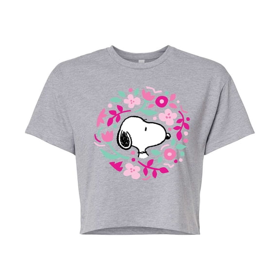 Peanuts - Snoopy Valentine Floral Circle - Juniors Cropped Graphic T-Shirt