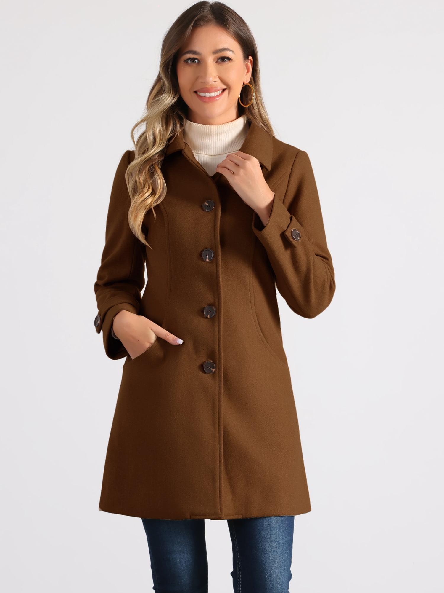DARING DIVA Women's Peter Pan Collar Winter Outwear Trench Pea Coats Dark Brown XL