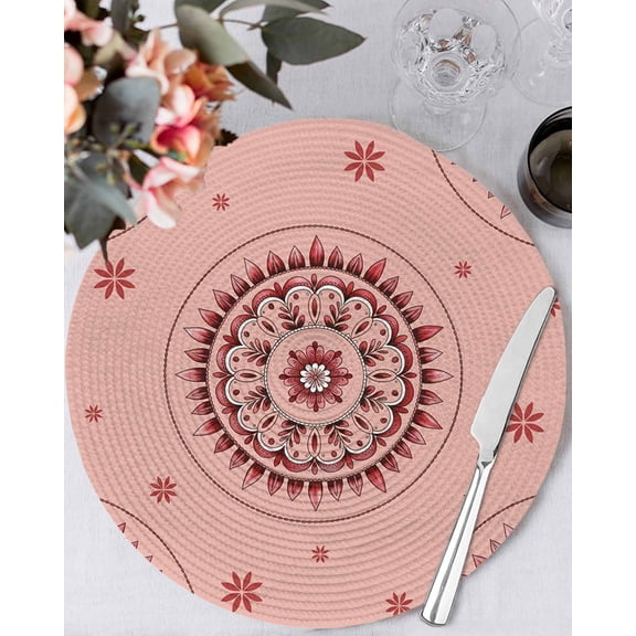 13 Inch Round Placemats Set of 6, Pink Floral Non Slip Heat Insulation PP Table Mats, Circular Flowers Ethnic Abstract Aesthetic Washable Place Mats for Kitchen Dining Party Table Decor