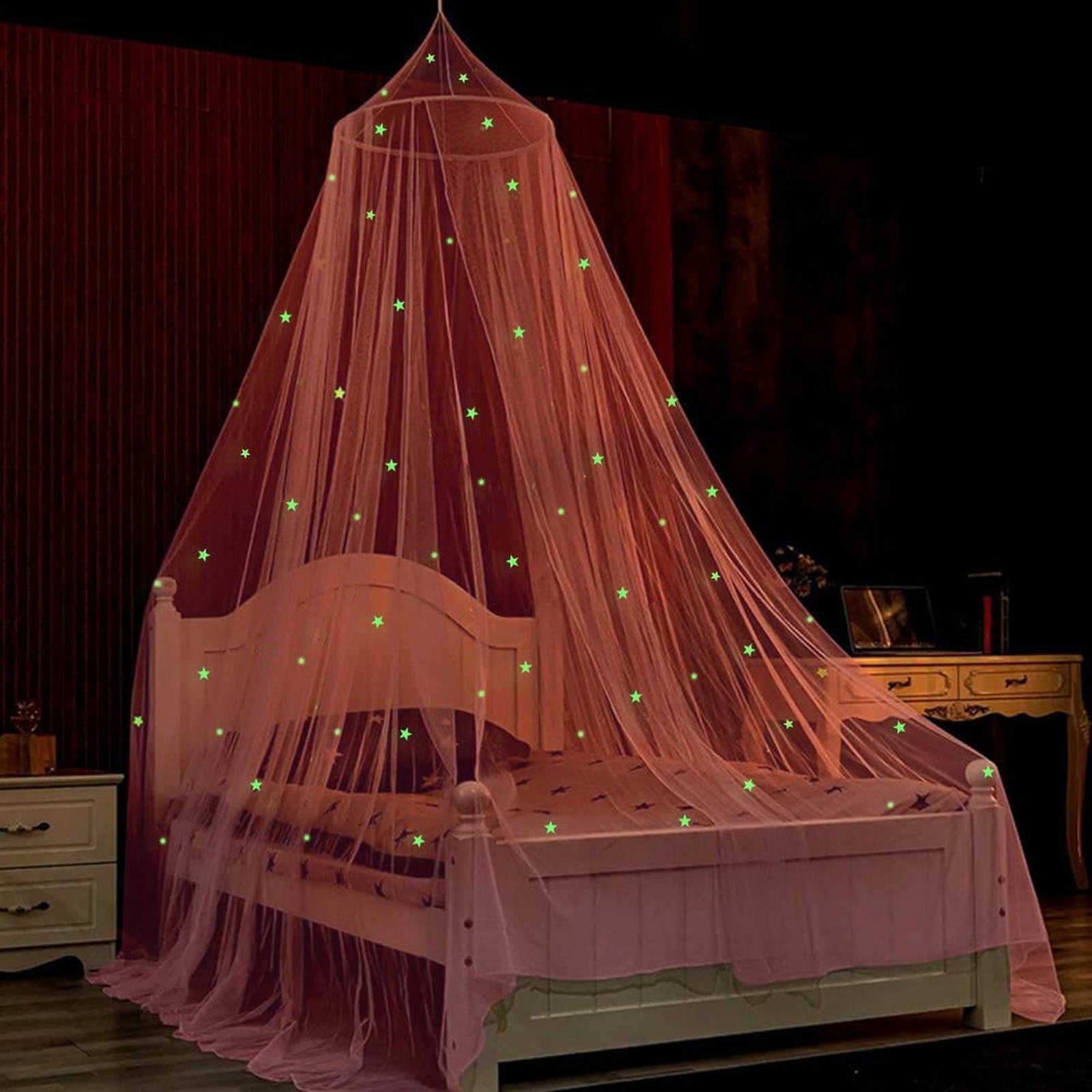 Frogued 1 Set Dome Bed Canopy Foldable Glow-in-the-dark Polyester Stars Princess Canopy Bed Room Decor Household Supplies (Pink,S)