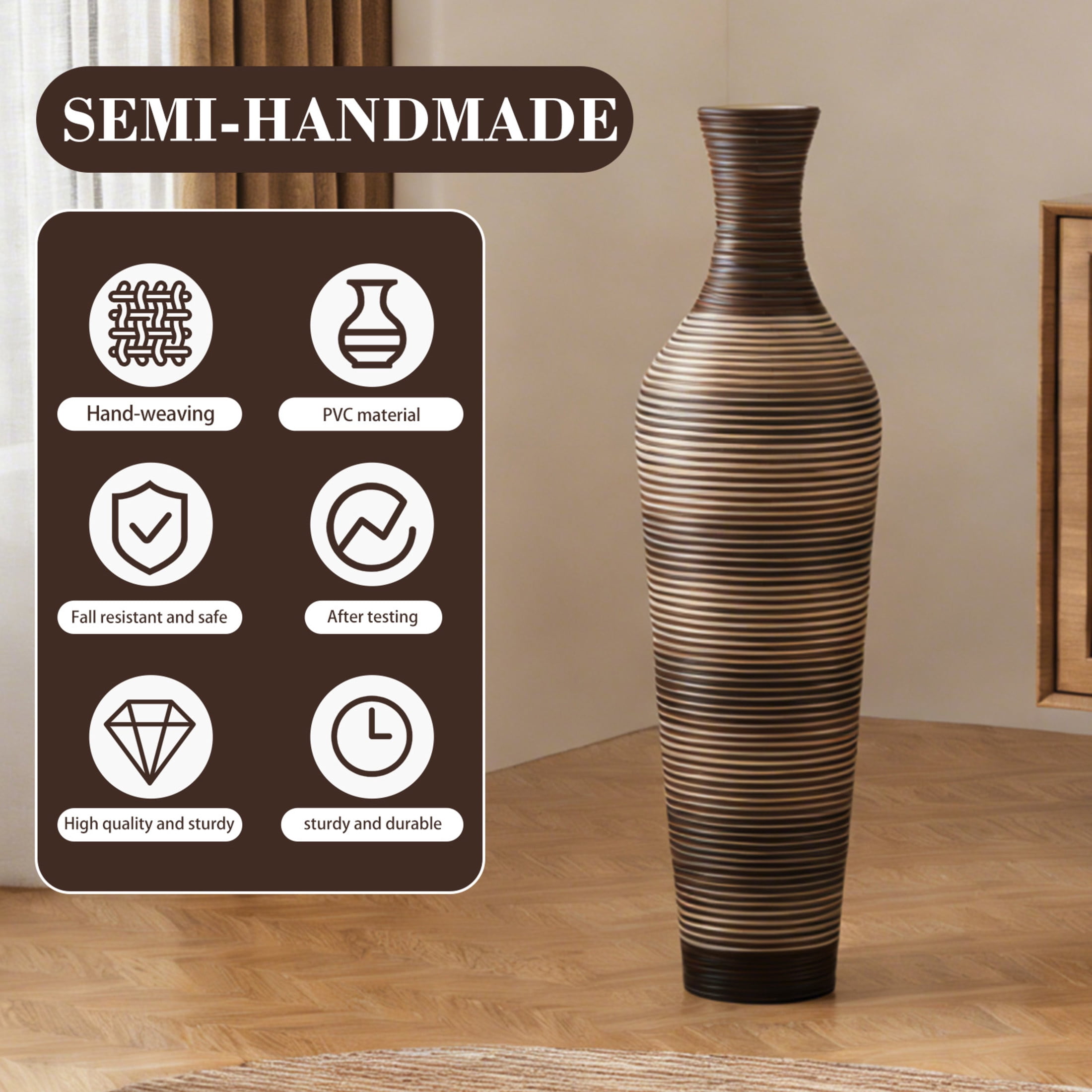 Noble House 39.37" Tall Handcrafted PVC Floor Vase, Textured Brown Gradient Decorative Vase, Black+Brown