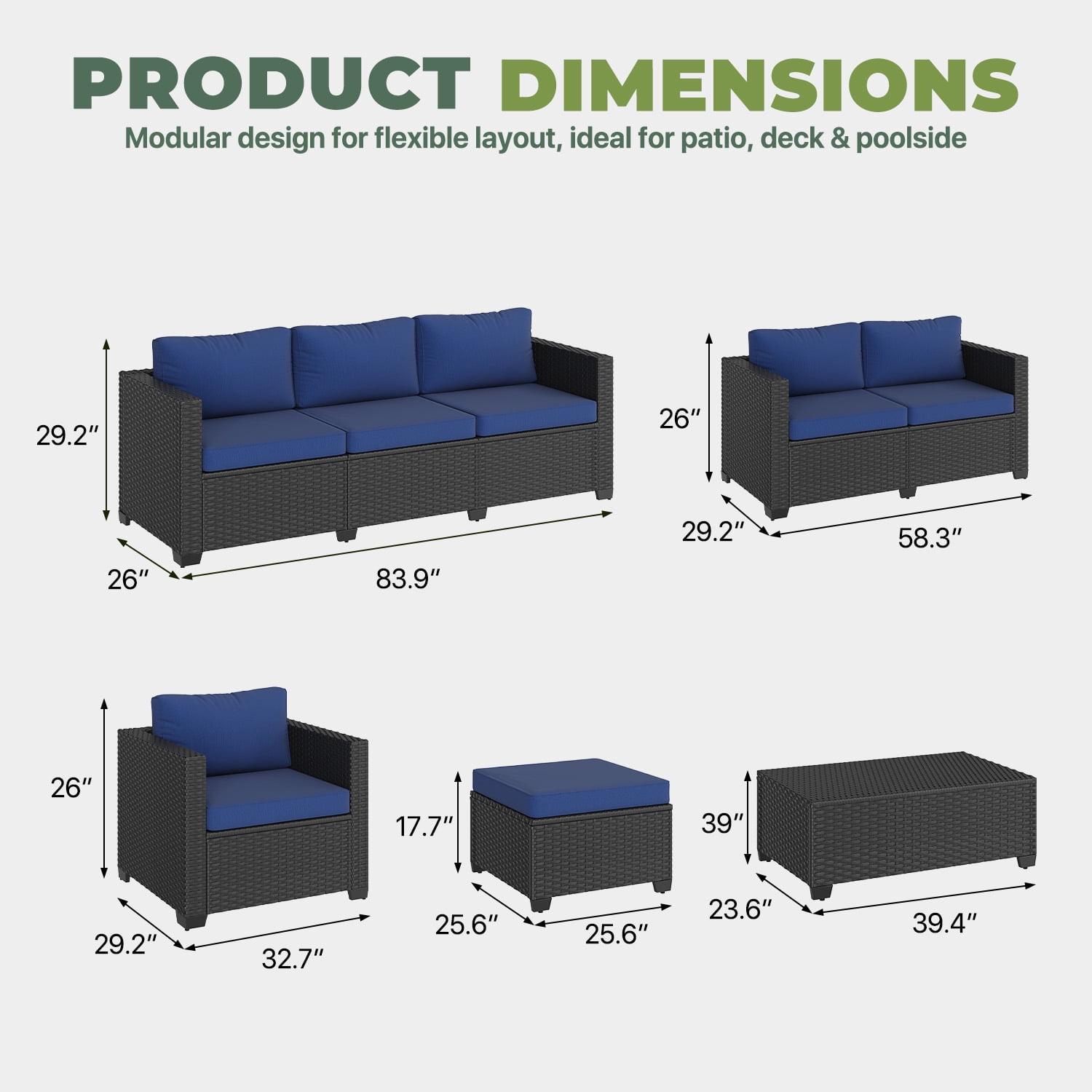 BaPiPro 7-Piece Blue PE Rattan Outdoor Sectional Sofa Set, Patio Furniture with Storage Table, Convertible Ottomans & Weather Resistant Cushions for Backyard & Poolside
