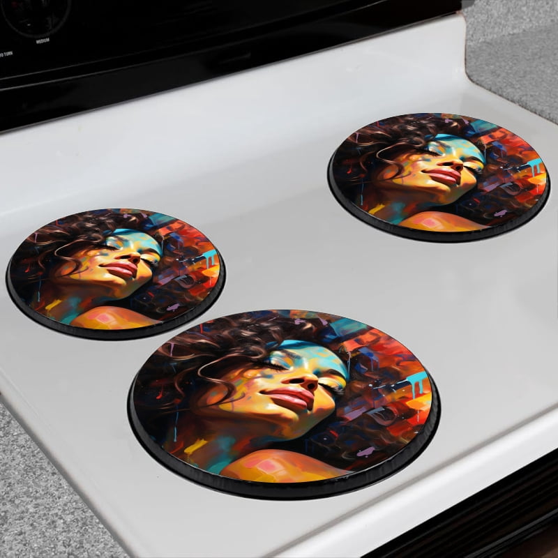 Bahomeck Gas Stove Burner Cover Set Of 4,African Woman With Long And Curly Hair Metal Electric Stove Burner Covers,Protecting Gas Stoves,Kitchen Decor，8 Inch And 10 Inch