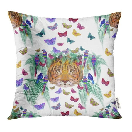 YWOTA Colorful Animal Raster Pattern with Palm Leaves Tiger Head Birds and Butterflies Pillow Cases Cushion Cover 20x20 inch