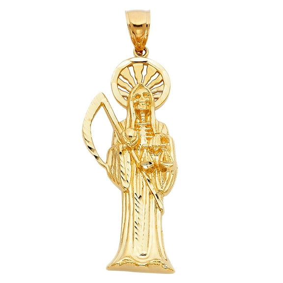 Wellingsale 14K Yellow Gold Polished Diamond Cut Ornate Santa Muerte Pendant