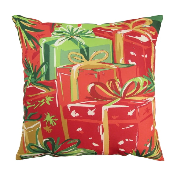 Mainstays Reversible Decorative Outdoor Throw Pillow, 16 in x 16 in, Multicolor Holiday Presents