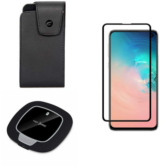 Galaxy S10e Screen Protector w Case Belt Clip w Wireless Charger - Tempered Glass 5D Curved Edge, Leather Swivel Holster, Fast 7.5W and 10W Charging Pad for Samsung Galaxy S10e Phone