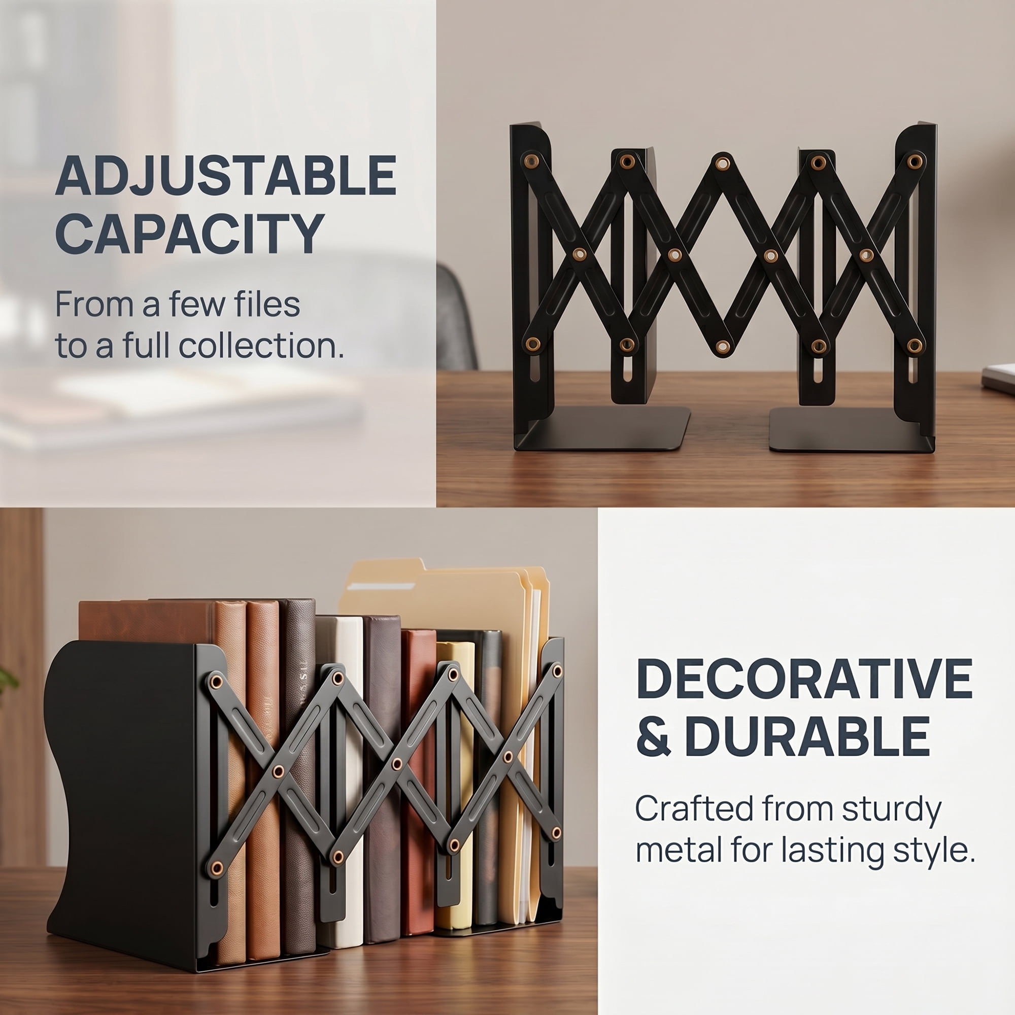 Unique Bargains Adjustable Metal Expandable Book End Holder Black 3.9" x 5.7" x 7.5"