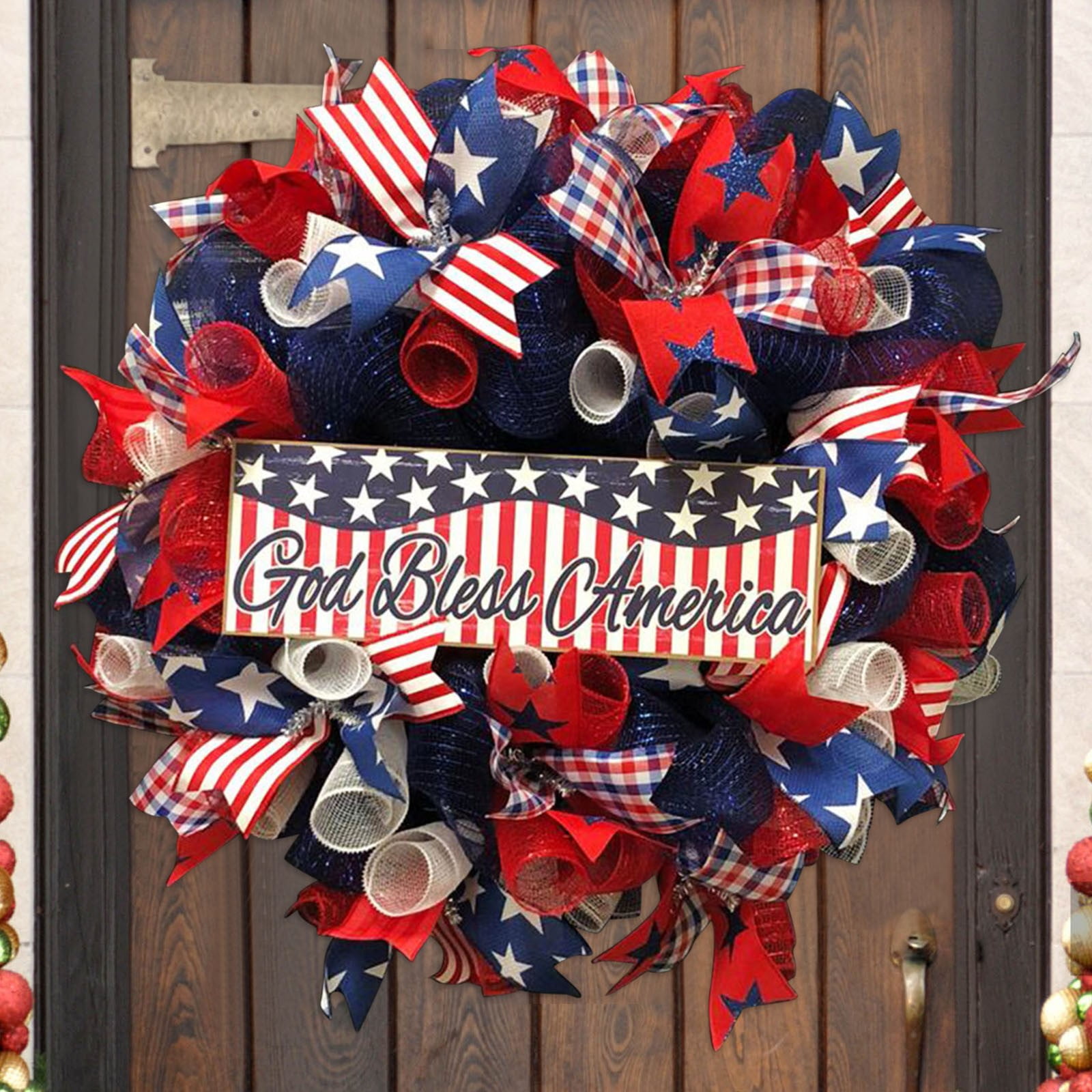 4th of July Wreaths for Front Door Artificial Flower Summer Outdoor Wreath with Vibrant Red Blue Silk Floral and Leaves for Home Farmhouse Holiday Decor