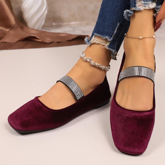 Women's Moccasins, Comfortable Rhinestone Slip-On Shoes with Velvet Upper, Square Toe Casual Loafers for Office and Daily Wear