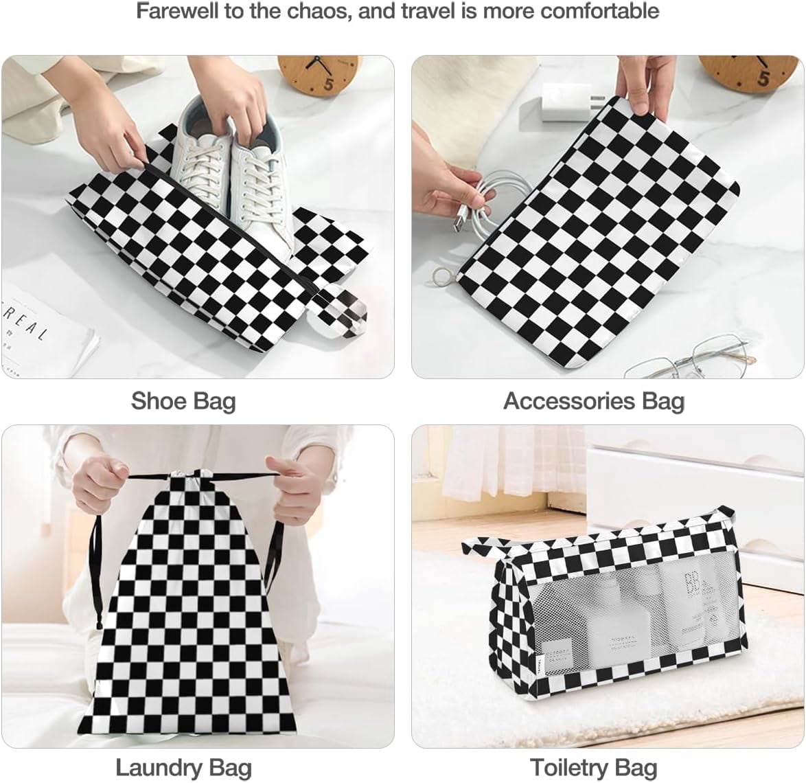 8 Set Packing Cubes for Suitcases,Packing Cube with Shoe, Cosmetics, Clothing, and Accessories Bags Packing Cubes for Travel Luggage Organizer Women Men(Black White Checkered)