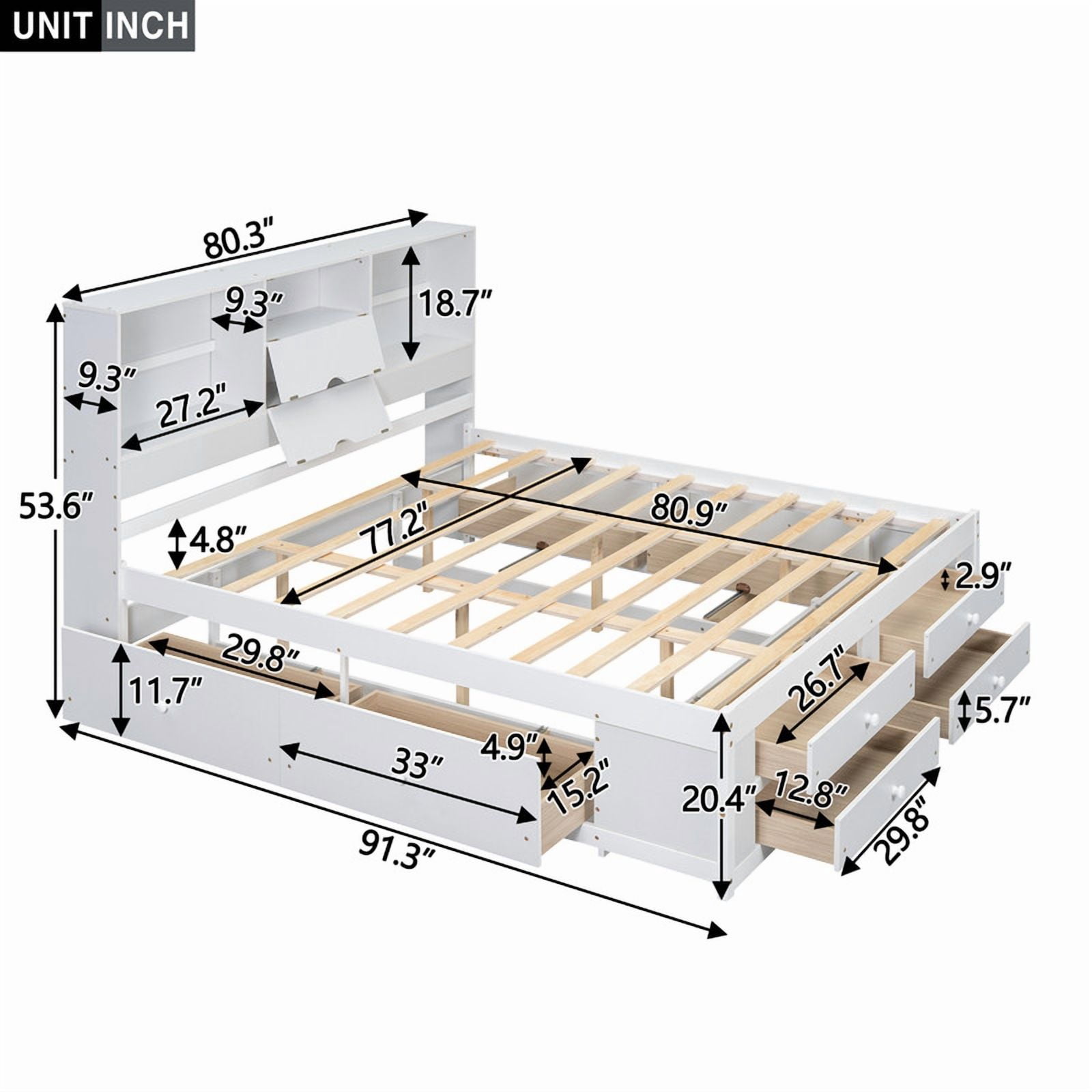 King Size Platform Bed with Bookcase Headboard, Storage Wooden Bed Frame with 8 Drawers