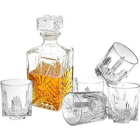 Porto Decanter Set 7pc Decanter & Whisky Glasses by Paksh/Bormioli Rocco Elegant Whiskey Decanter with Stopper and 6 Cocktail Glasses Gift Set ()
