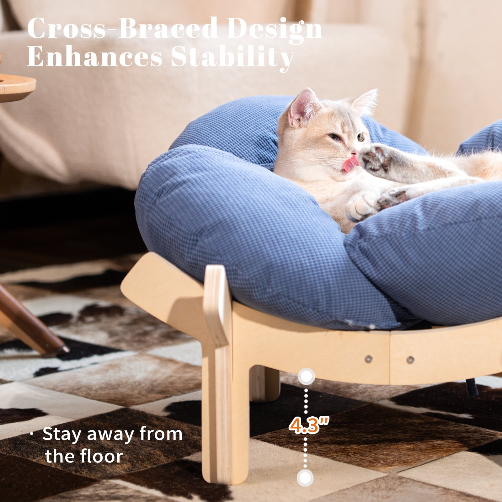 CheerPals Elevated Cat Bed Wooden with Cushion Fluffy Pet Couch Sofa for Indoor Cats Raised Kitty Lounge Chair Suitable for Puppy, Cat Furniture(Dark Blue)