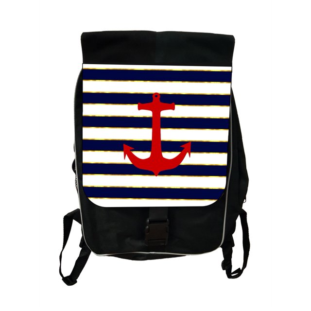 Nautical Red Anchor on Gilded Navy Stripes - Black School Backpack