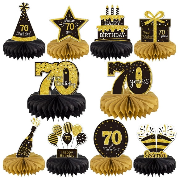 Gexolenu 10 Piezas Centros De Mesa De Panal De 70 Cumpleaños Oro Negro Saludos A 70 Años Centros De Mesa De Cumpleaños Adornos De Mesa Para Decoraciones De 70 Cumpleaños 70 Fabulosos Suministros De De